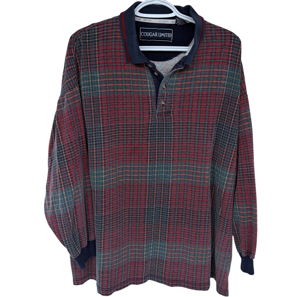 Vintage 90s Cougar Limited Plaid Polo‎ Shirt Mens XL Long Sleeve Rugby Red Green